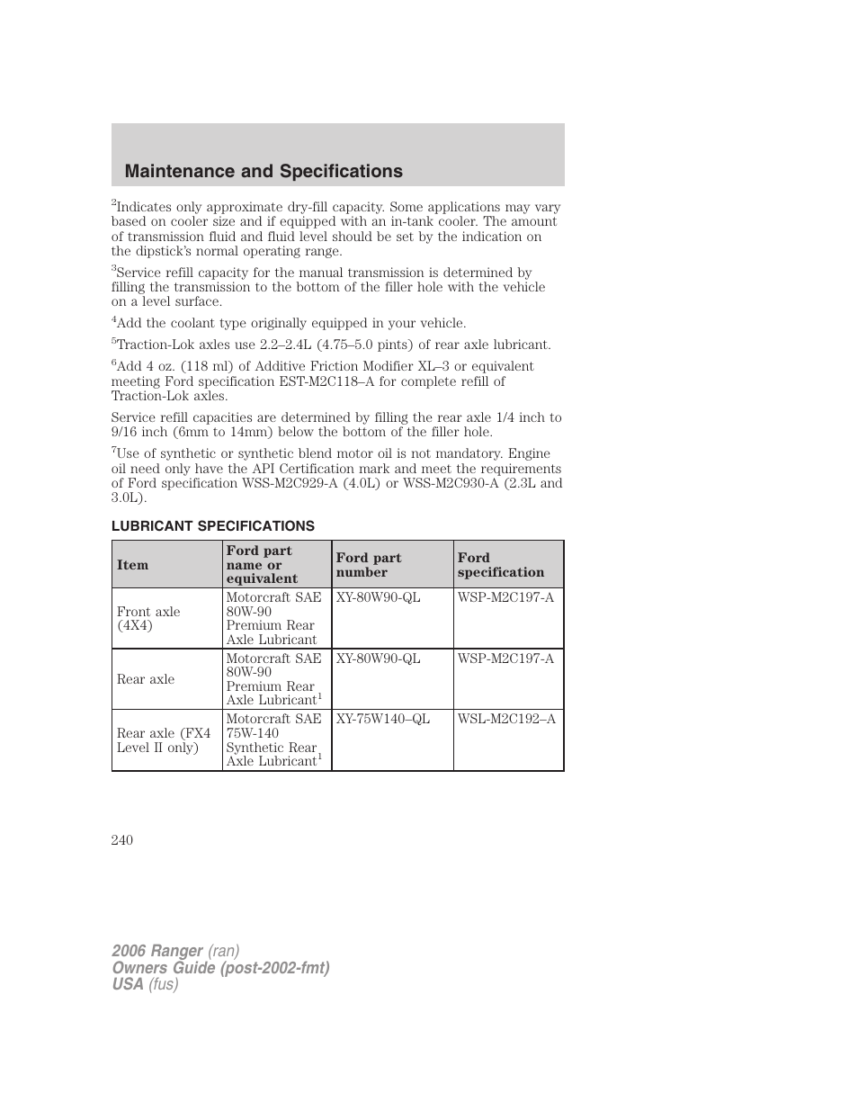 Lubricant specifications, Maintenance and specifications | FORD 2006 Ranger v.1 User Manual | Page 240 / 256