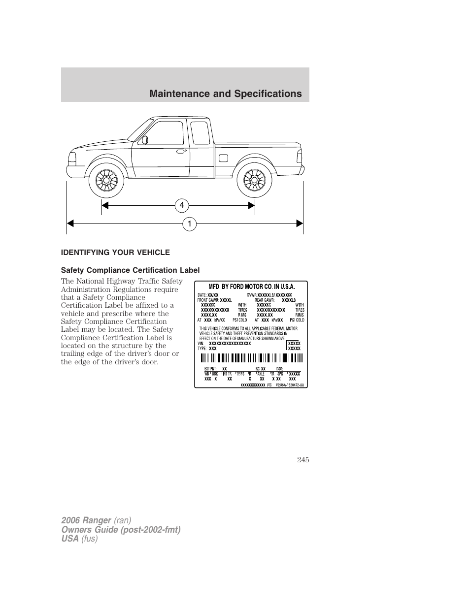 Identifying your vehicle, Safety compliance certification label, Maintenance and specifications | FORD 2006 Ranger v.1 User Manual | Page 245 / 256