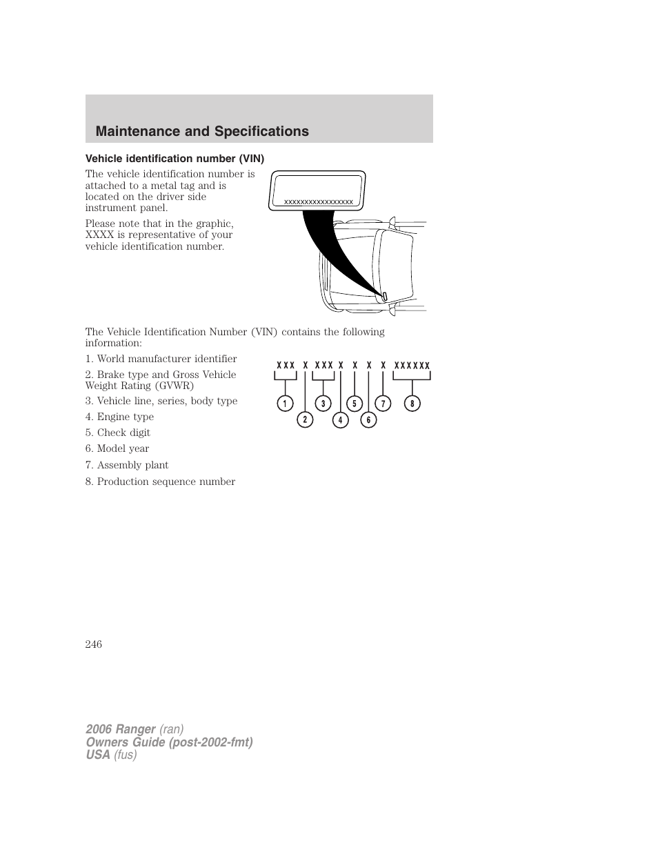 Vehicle identification number (vin), Maintenance and specifications | FORD 2006 Ranger v.1 User Manual | Page 246 / 256