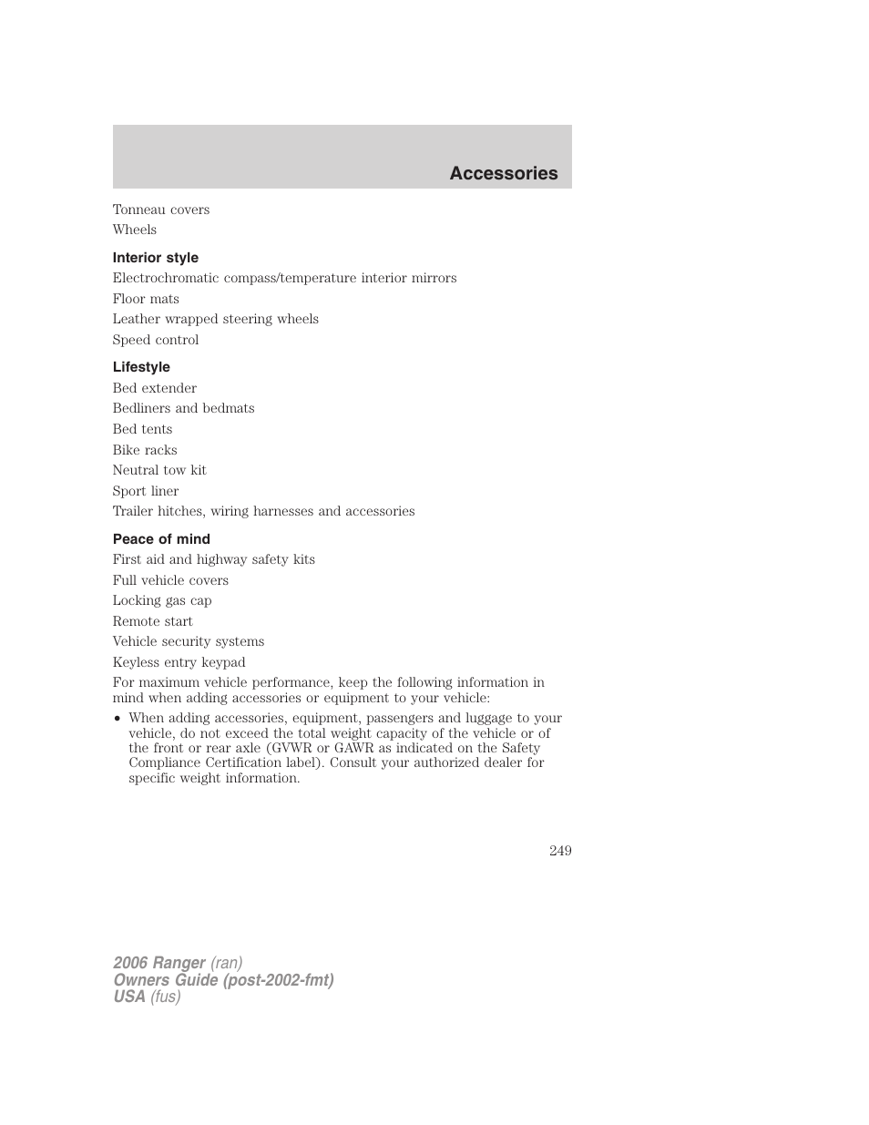 Interior style, Lifestyle, Peace of mind | Accessories | FORD 2006 Ranger v.1 User Manual | Page 249 / 256