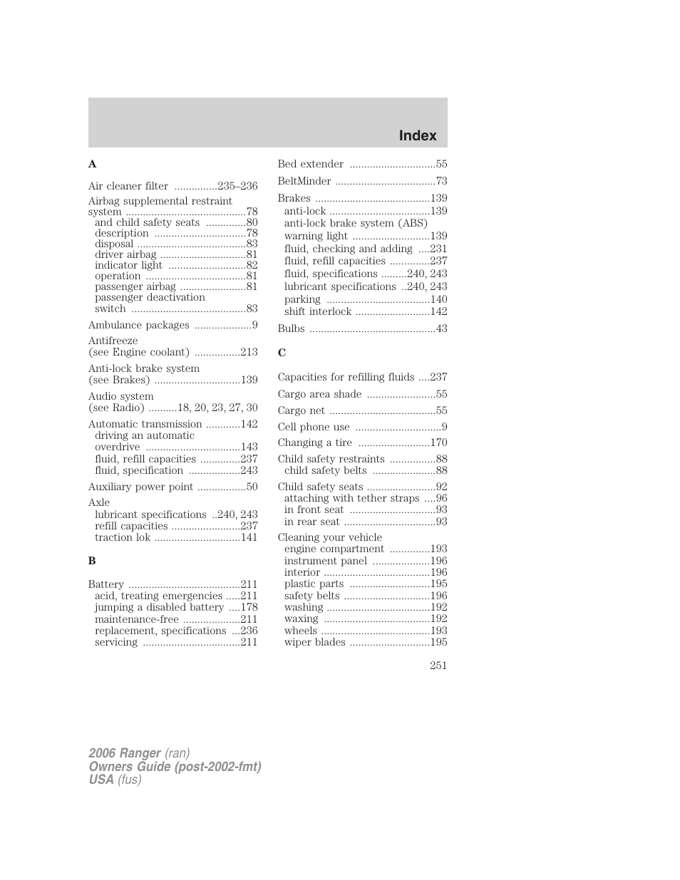 Index | FORD 2006 Ranger v.1 User Manual | Page 251 / 256