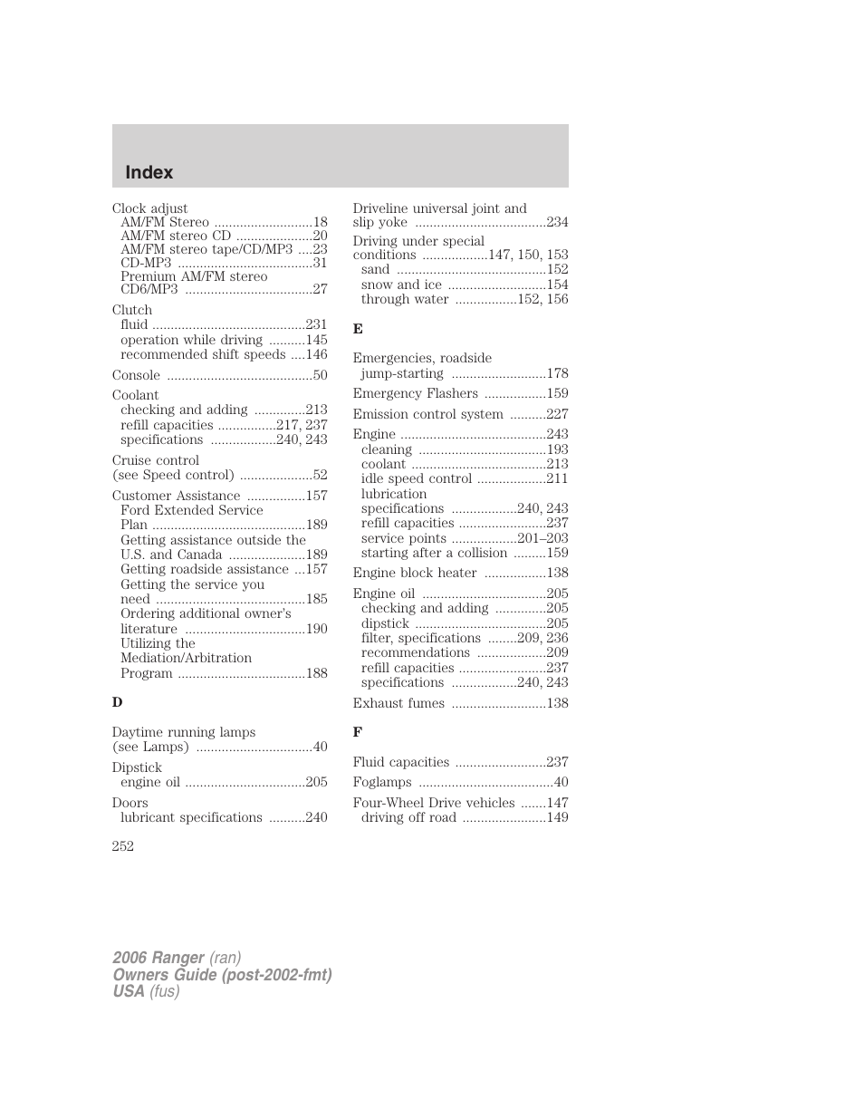 Index | FORD 2006 Ranger v.1 User Manual | Page 252 / 256