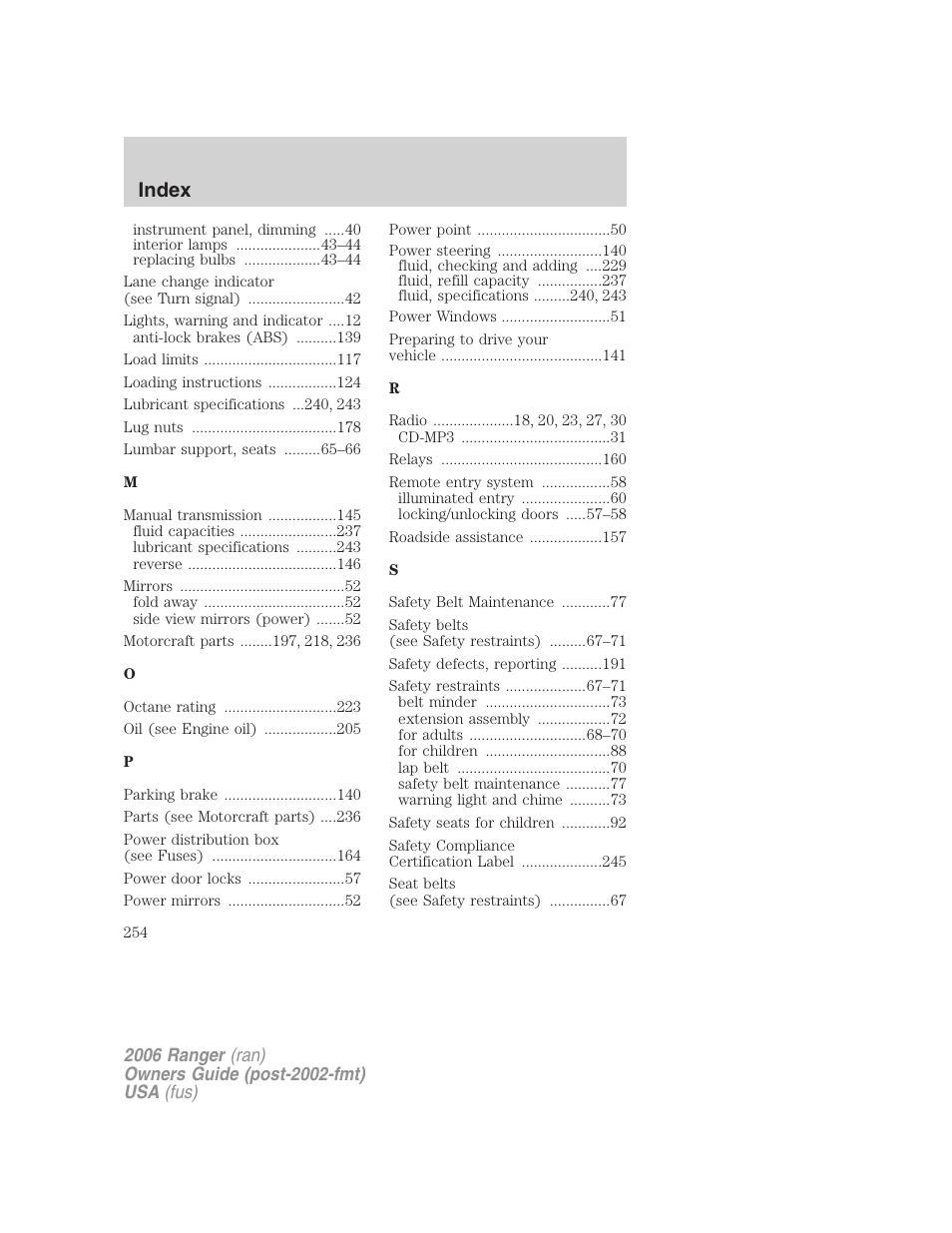 Index | FORD 2006 Ranger v.1 User Manual | Page 254 / 256