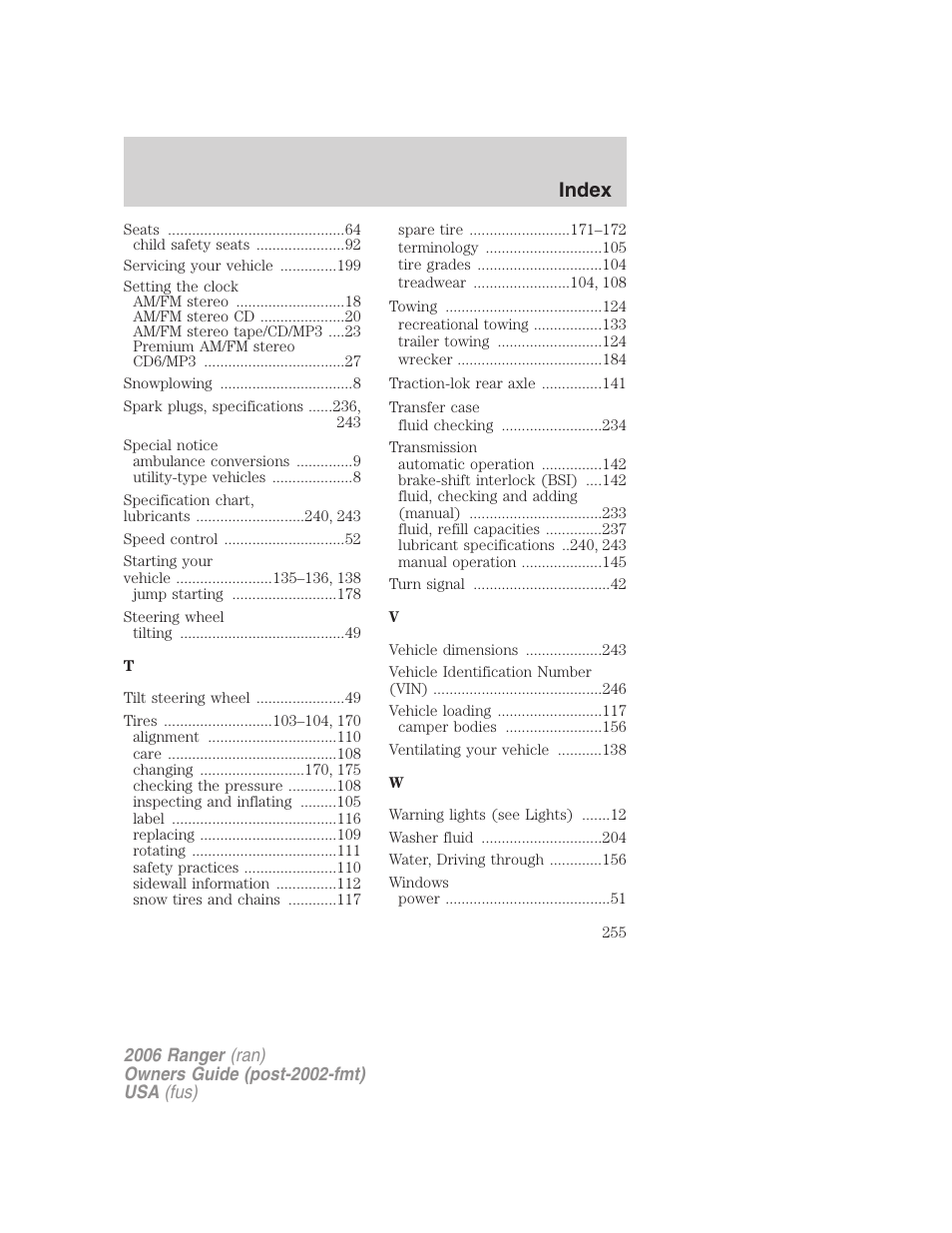 Index | FORD 2006 Ranger v.1 User Manual | Page 255 / 256