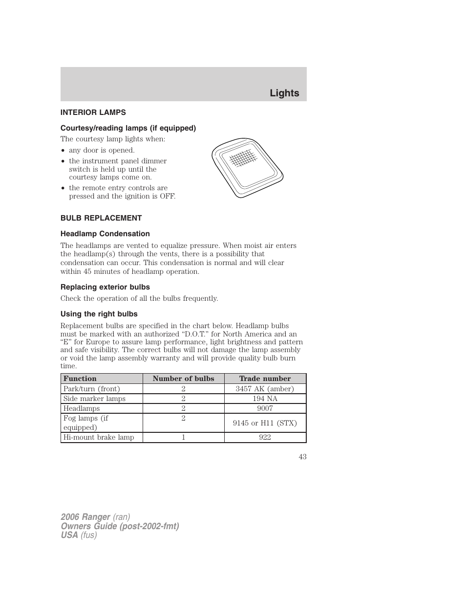 Interior lamps, Courtesy/reading lamps (if equipped), Bulb replacement | Headlamp condensation, Replacing exterior bulbs, Using the right bulbs, Lights | FORD 2006 Ranger v.1 User Manual | Page 43 / 256