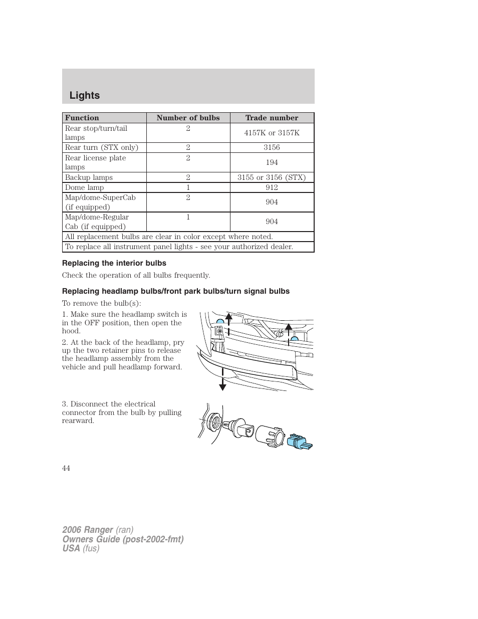 Replacing the interior bulbs, Lights | FORD 2006 Ranger v.1 User Manual | Page 44 / 256