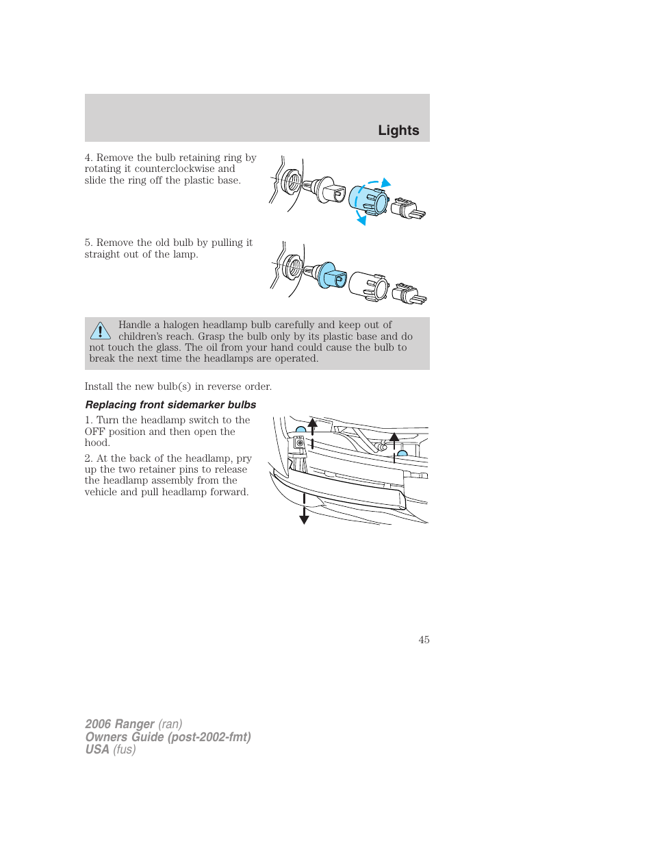 Replacing front sidemarker bulbs, Lights | FORD 2006 Ranger v.1 User Manual | Page 45 / 256