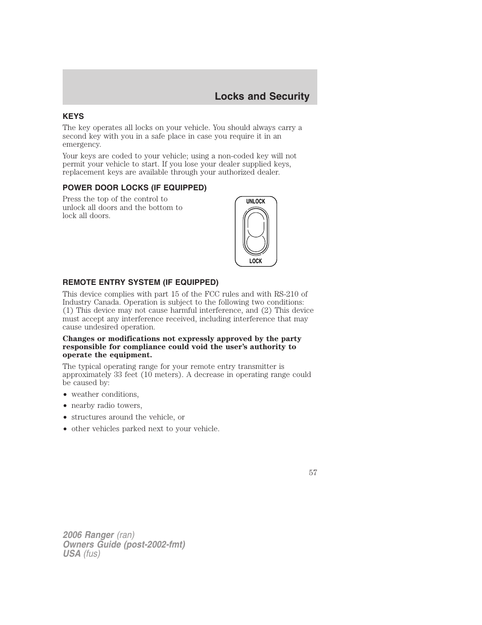 Locks and security, Keys, Power door locks (if equipped) | Remote entry system (if equipped), Locks | FORD 2006 Ranger v.1 User Manual | Page 57 / 256