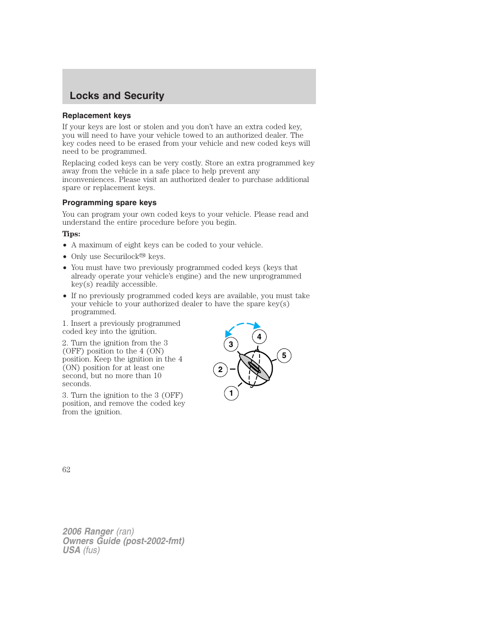 Replacement keys, Programming spare keys, Locks and security | FORD 2006 Ranger v.1 User Manual | Page 62 / 256