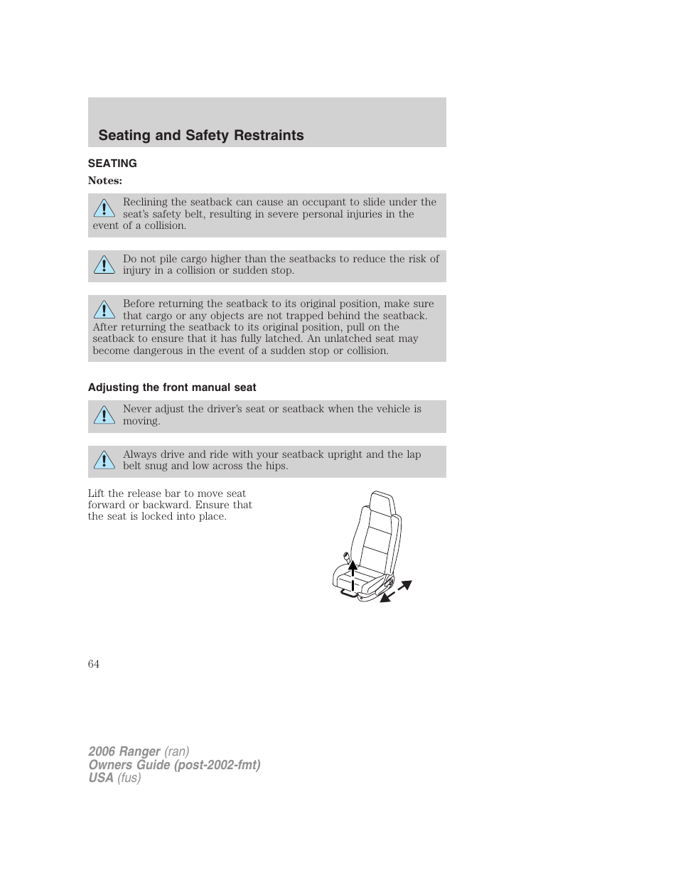 Seating and safety restraints, Seating, Adjusting the front manual seat | FORD 2006 Ranger v.1 User Manual | Page 64 / 256