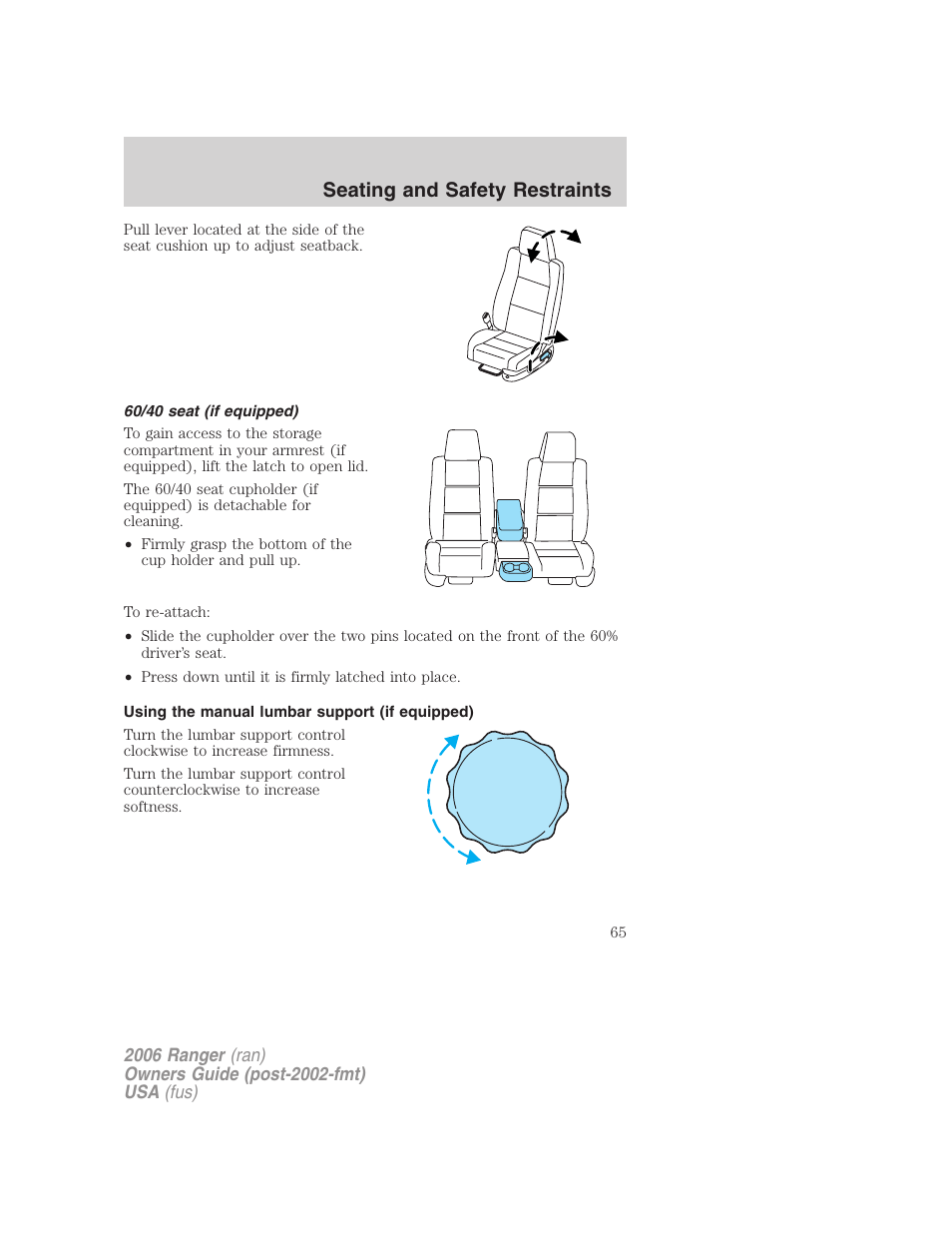 60/40 seat (if equipped), Using the manual lumbar support (if equipped), Seating and safety restraints | FORD 2006 Ranger v.1 User Manual | Page 65 / 256