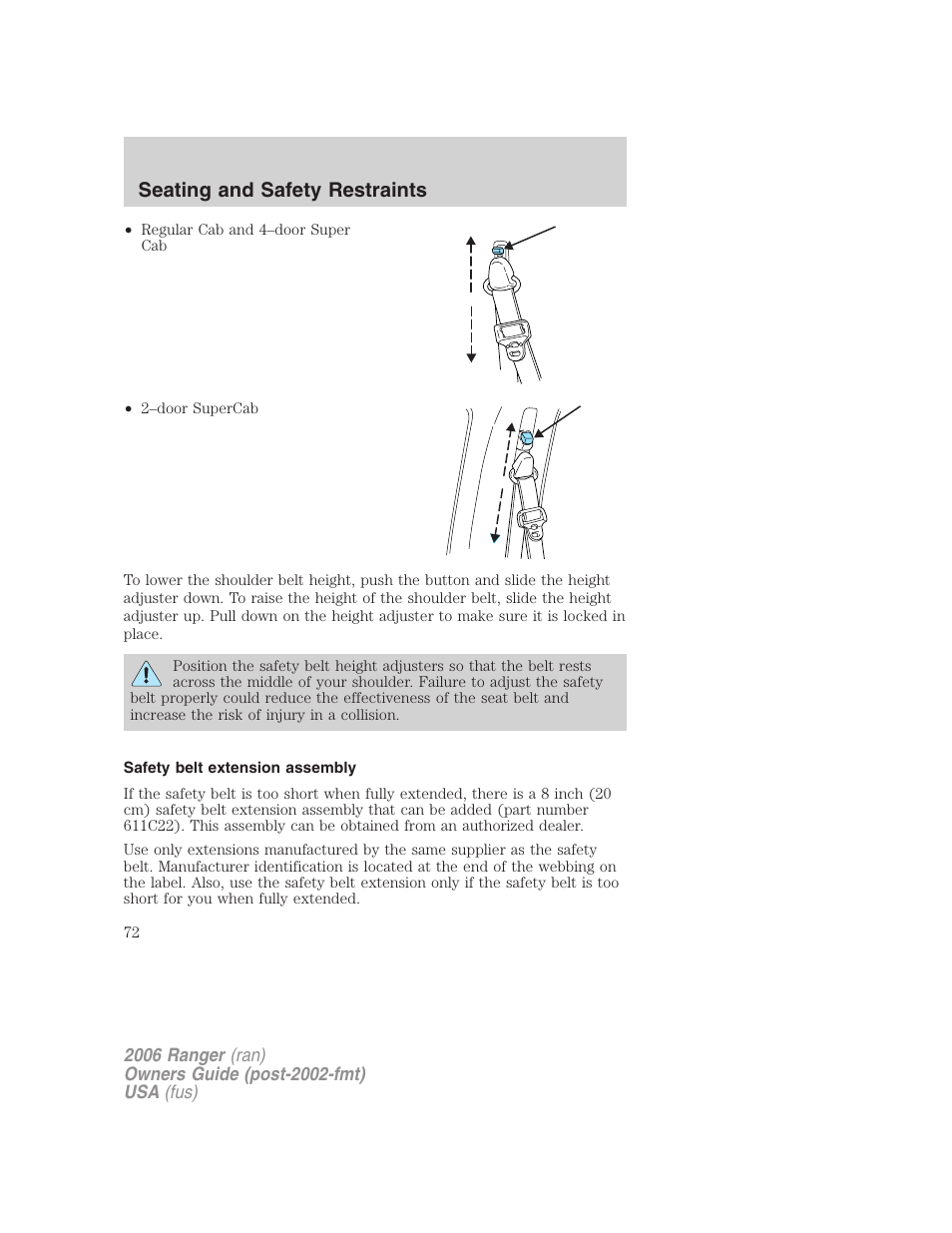 Safety belt extension assembly, Seating and safety restraints | FORD 2006 Ranger v.1 User Manual | Page 72 / 256