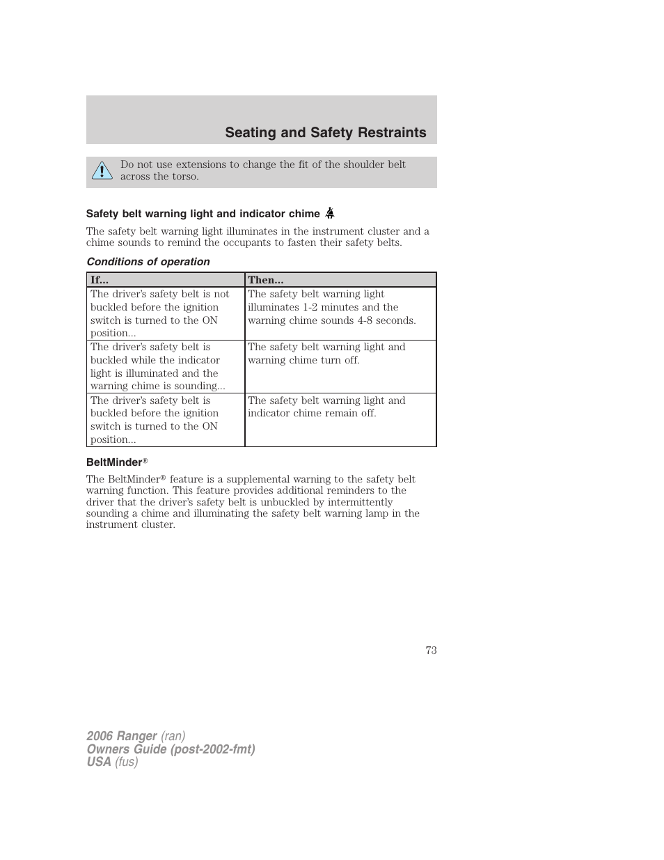 Safety belt warning light and indicator chime, Conditions of operation, Beltminder | Seating and safety restraints | FORD 2006 Ranger v.1 User Manual | Page 73 / 256