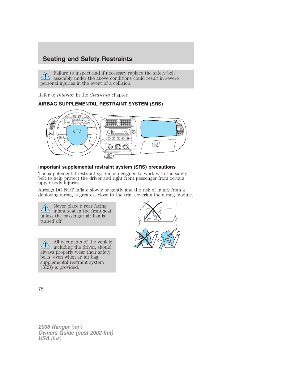 Airbag supplemental restraint system (srs), Airbags, Seating and safety restraints | FORD 2006 Ranger v.1 User Manual | Page 78 / 256