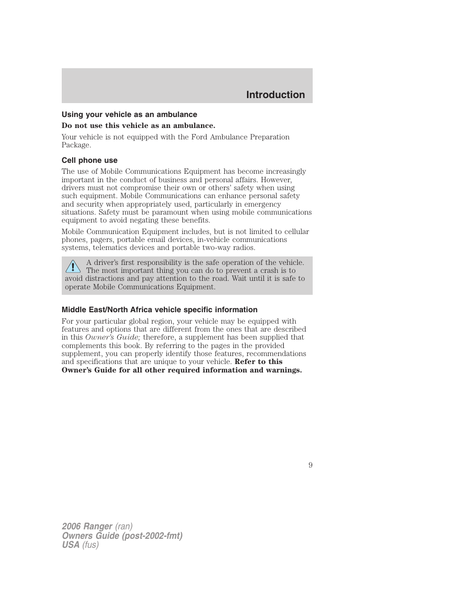 Using your vehicle as an ambulance, Cell phone use, Introduction | FORD 2006 Ranger v.1 User Manual | Page 9 / 256