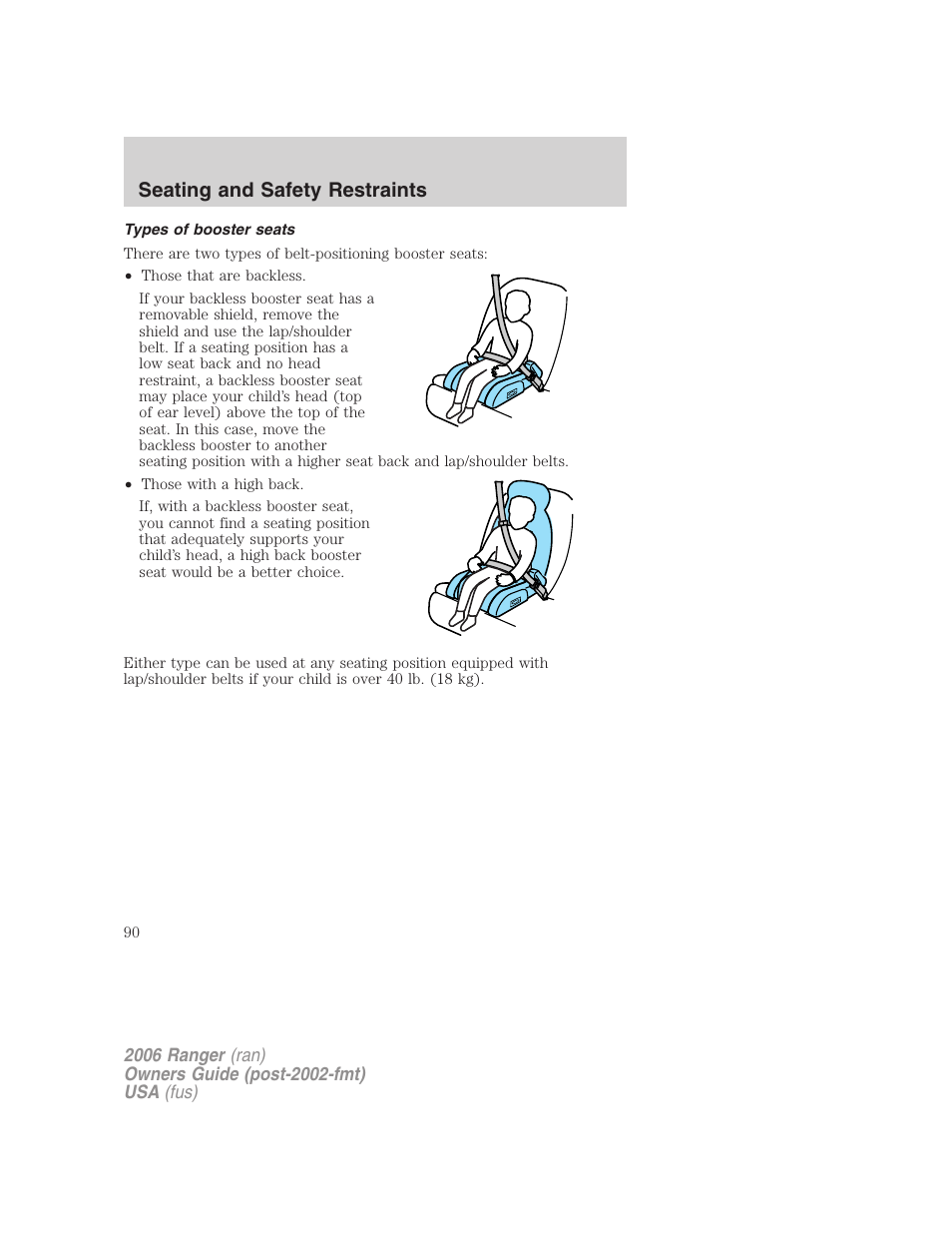 Types of booster seats, Seating and safety restraints | FORD 2006 Ranger v.1 User Manual | Page 90 / 256