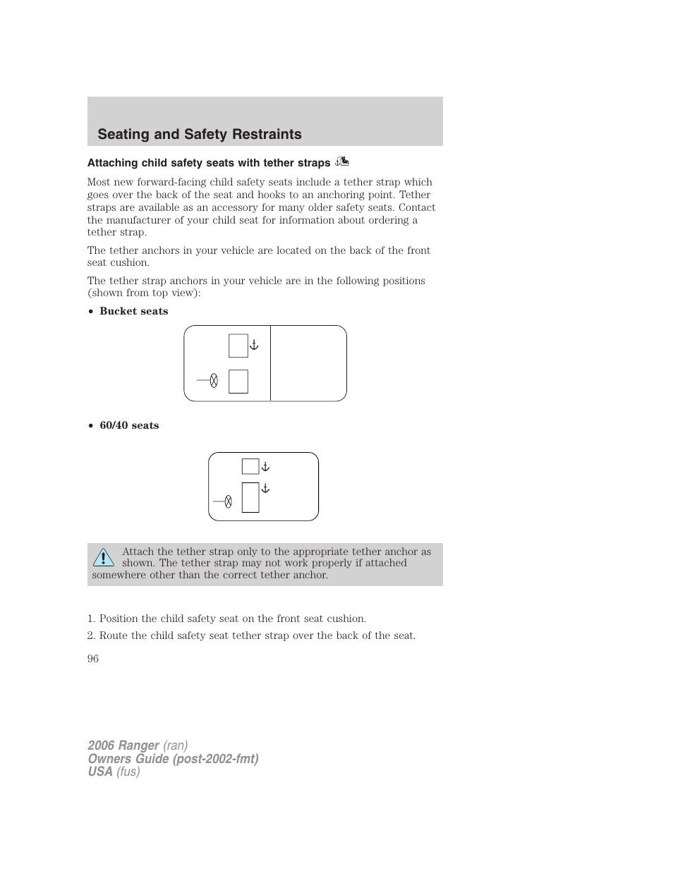 Attaching child safety seats with tether straps, Seating and safety restraints | FORD 2006 Ranger v.1 User Manual | Page 96 / 256