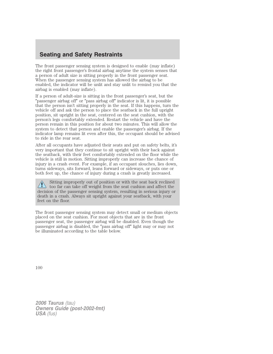 Seating and safety restraints | FORD 2006 Taurus User Manual | Page 100 / 232