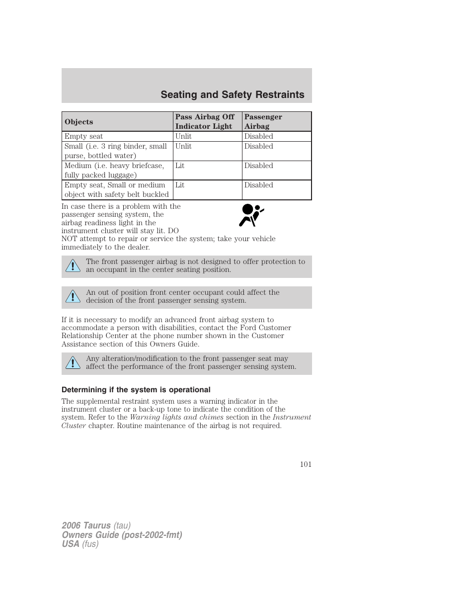 Determining if the system is operational, Seating and safety restraints | FORD 2006 Taurus User Manual | Page 101 / 232