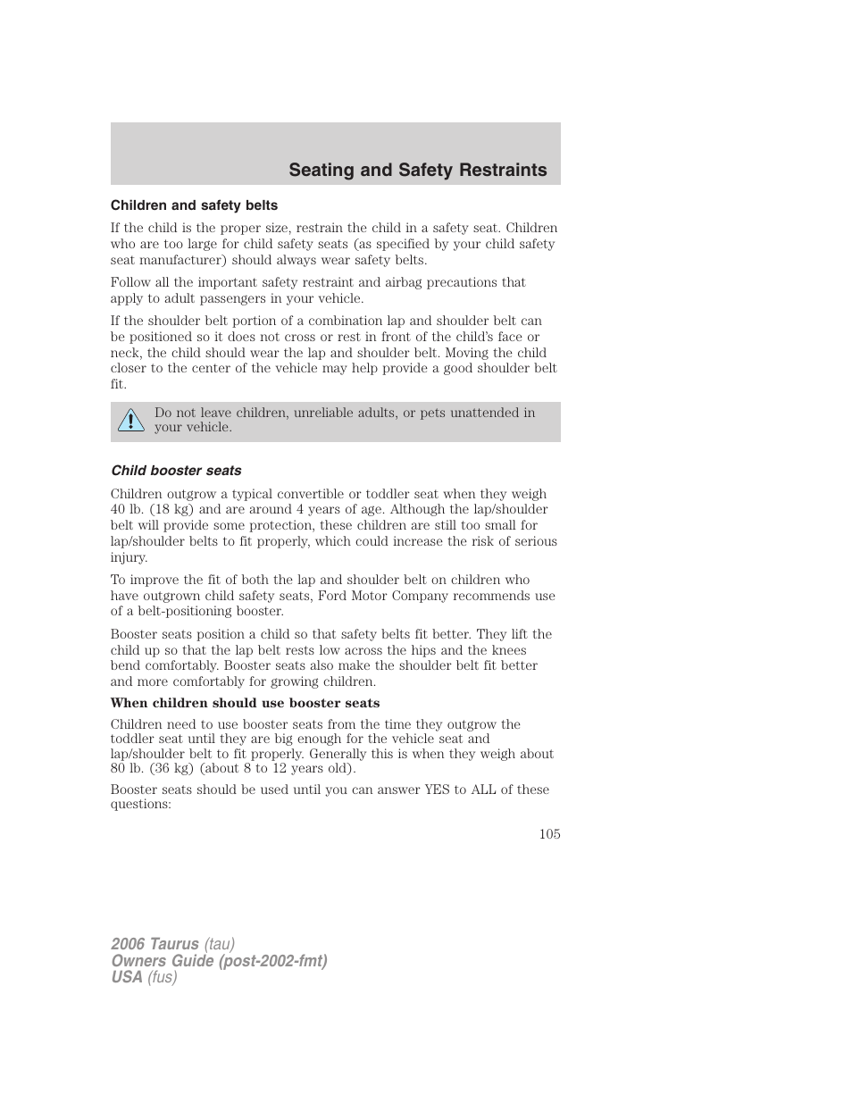 Children and safety belts, Child booster seats, Seating and safety restraints | FORD 2006 Taurus User Manual | Page 105 / 232