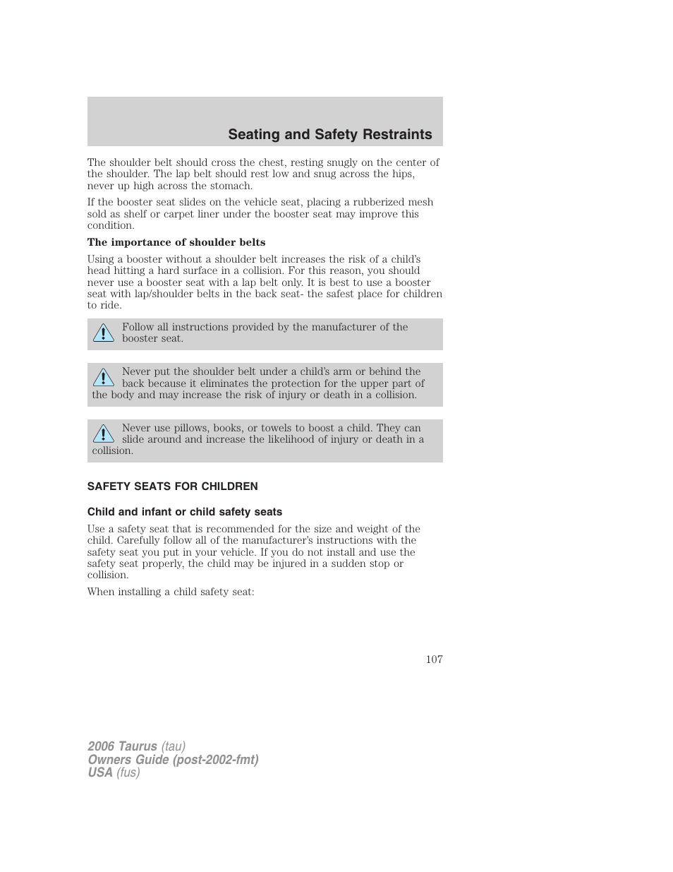 Safety seats for children, Child and infant or child safety seats, Seating and safety restraints | FORD 2006 Taurus User Manual | Page 107 / 232