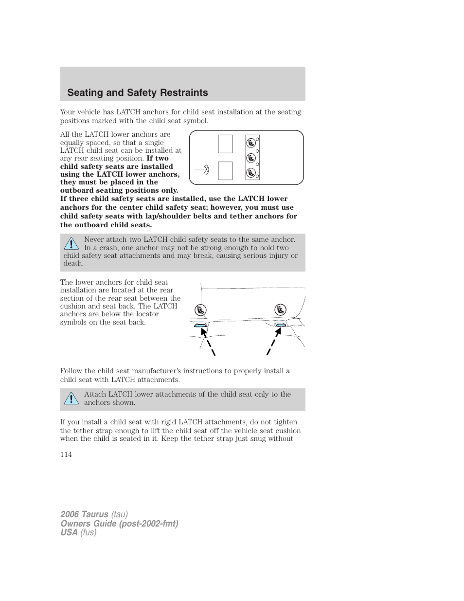 Seating and safety restraints | FORD 2006 Taurus User Manual | Page 114 / 232