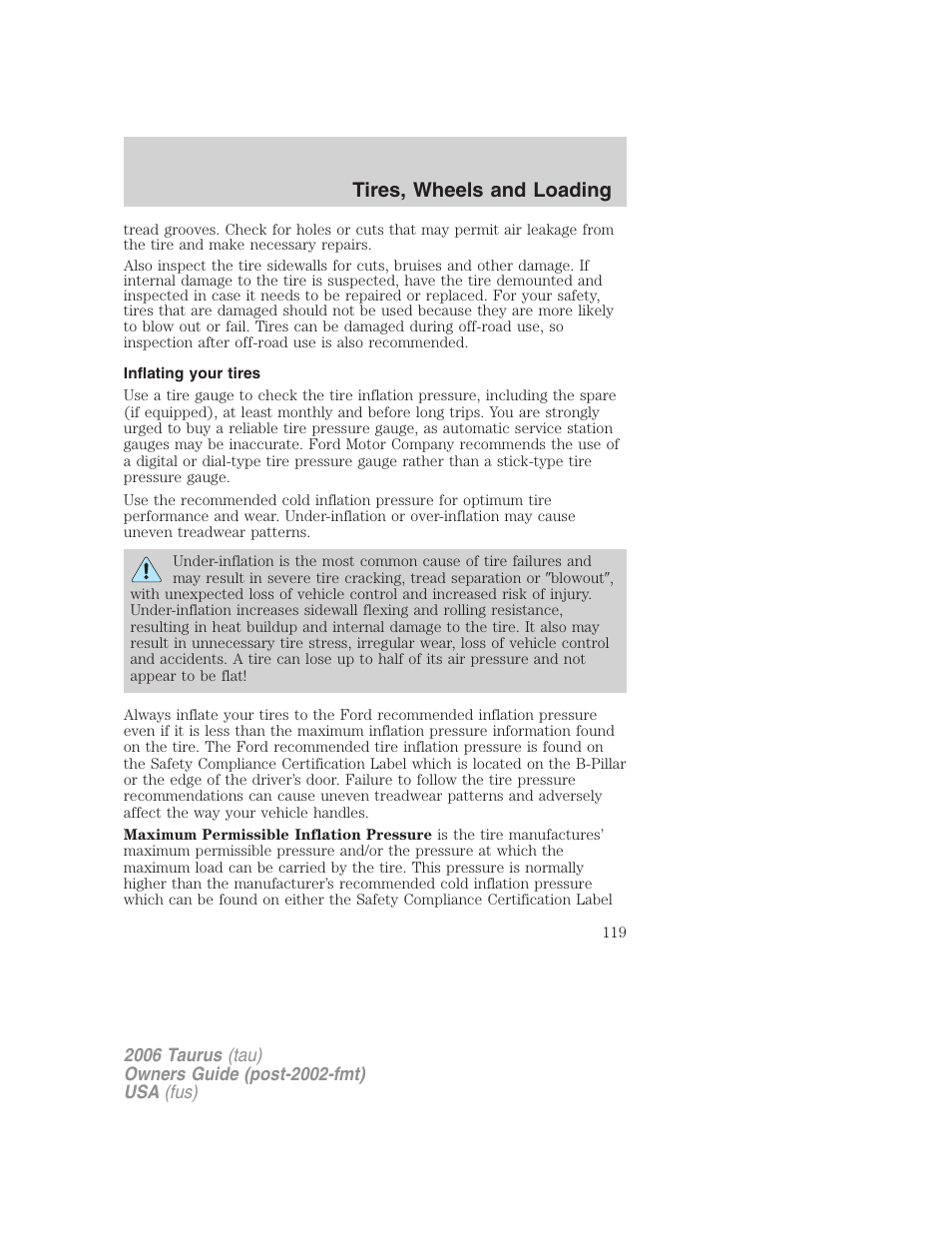 Inflating your tires, Tires, wheels and loading | FORD 2006 Taurus User Manual | Page 119 / 232