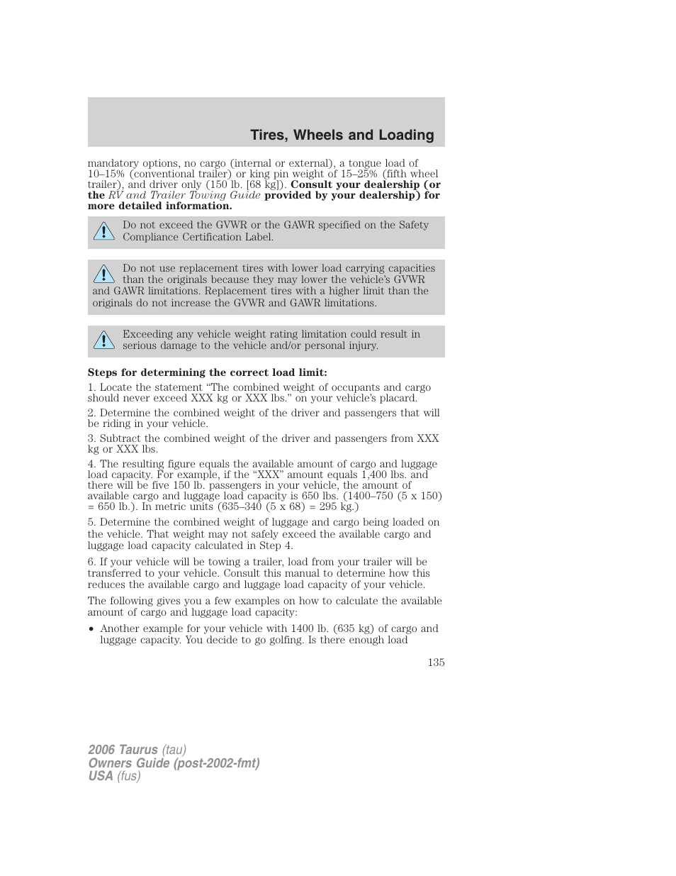 Tires, wheels and loading | FORD 2006 Taurus User Manual | Page 135 / 232