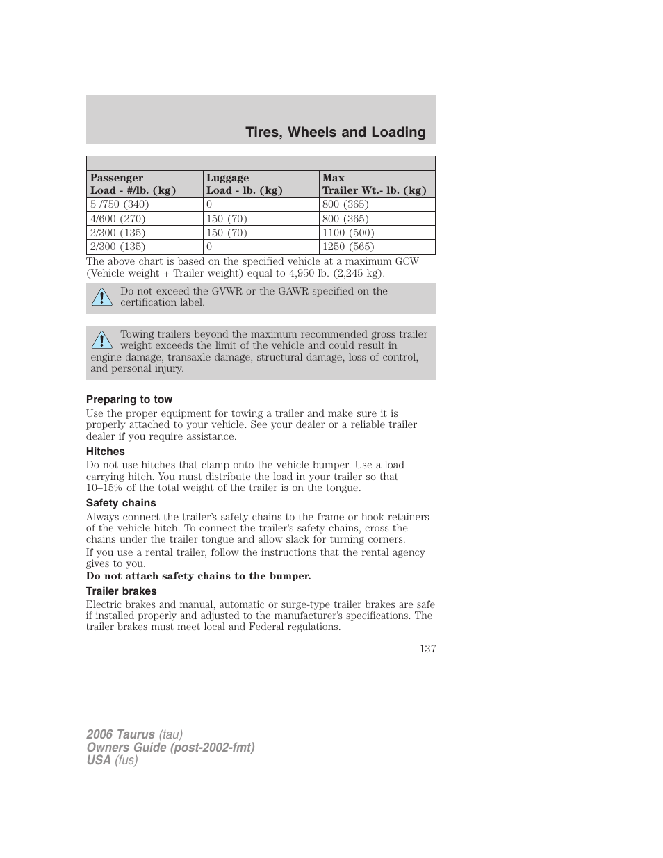 Preparing to tow, Hitches, Safety chains | Trailer brakes, Tires, wheels and loading | FORD 2006 Taurus User Manual | Page 137 / 232