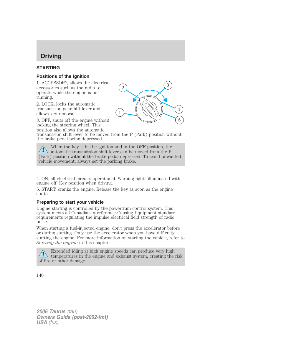 Driving, Starting, Positions of the ignition | Preparing to start your vehicle | FORD 2006 Taurus User Manual | Page 140 / 232