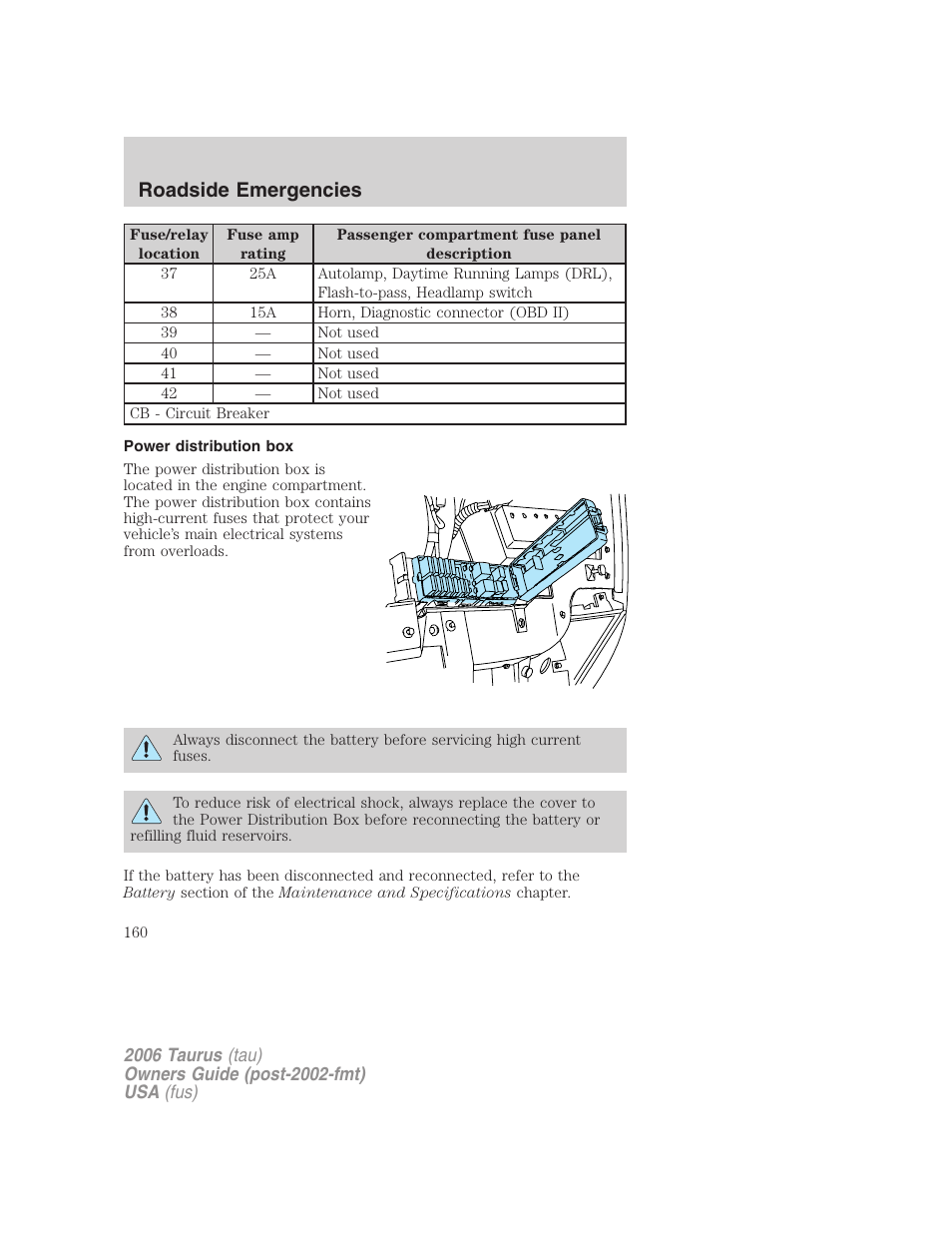 Power distribution box, Roadside emergencies | FORD 2006 Taurus User Manual | Page 160 / 232