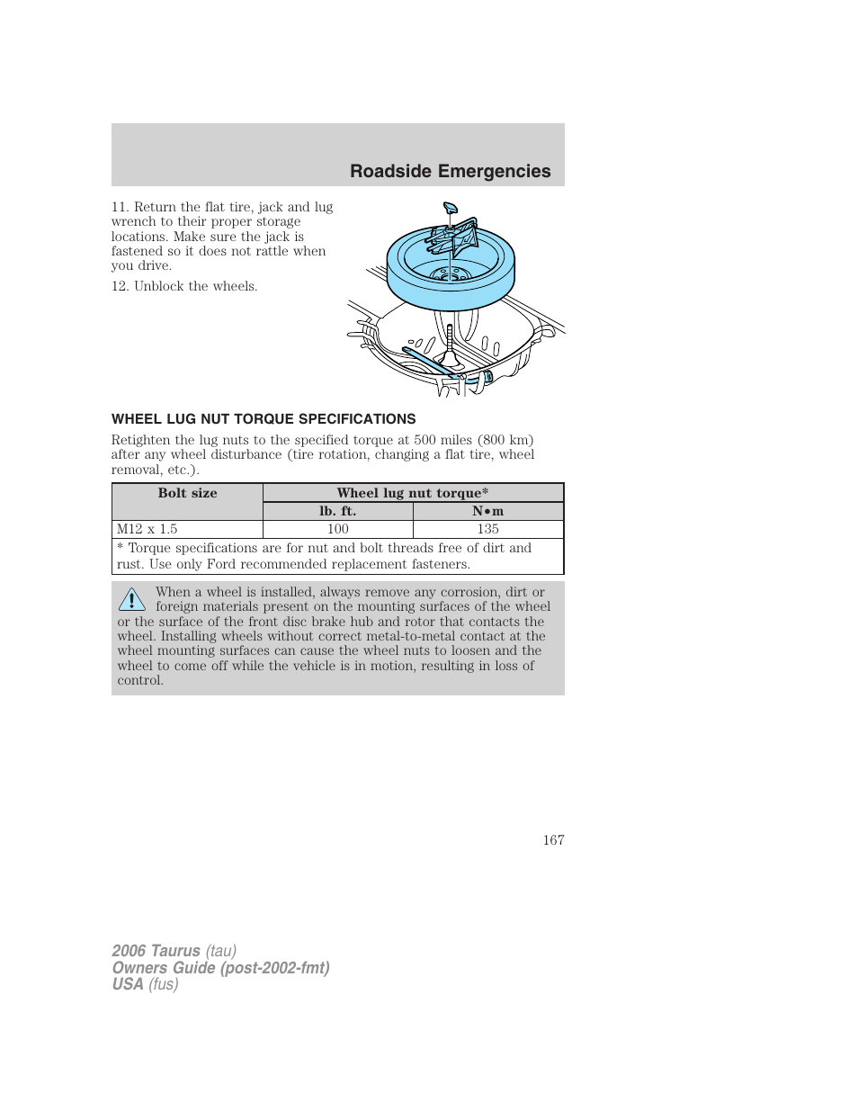 Wheel lug nut torque specifications, Lug nut torque, Roadside emergencies | FORD 2006 Taurus User Manual | Page 167 / 232