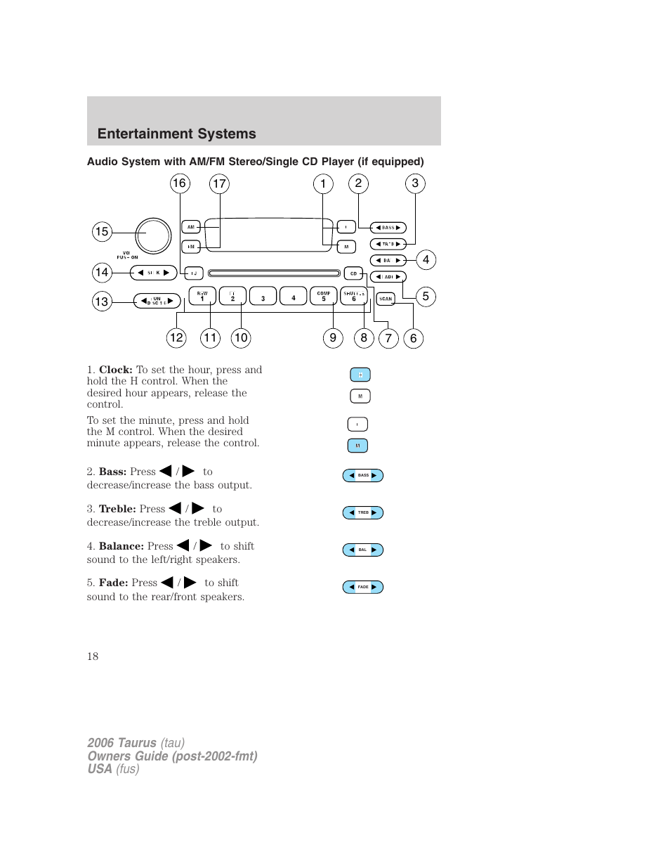 Am/fm stereo with cd, Entertainment systems | FORD 2006 Taurus User Manual | Page 18 / 232