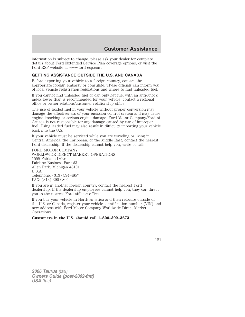 Getting assistance outside the u.s. and canada, Customer assistance | FORD 2006 Taurus User Manual | Page 181 / 232