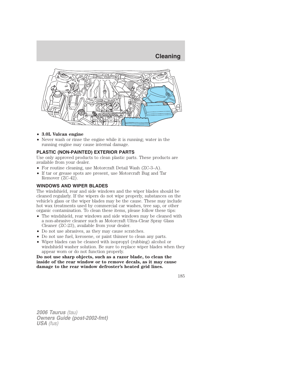 Plastic (non-painted) exterior parts, Windows and wiper blades, Cleaning | FORD 2006 Taurus User Manual | Page 185 / 232