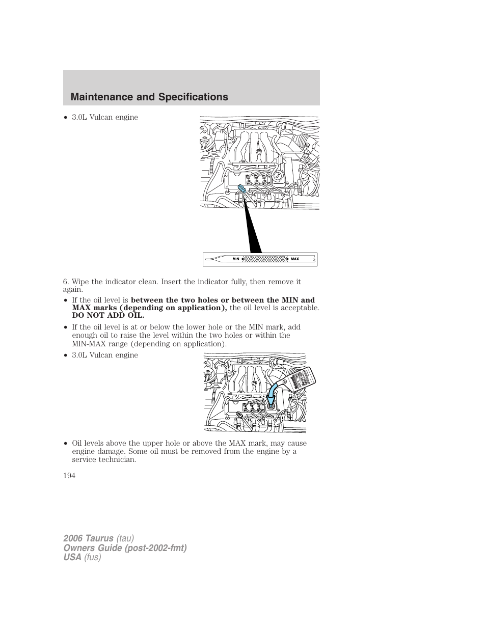 Maintenance and specifications | FORD 2006 Taurus User Manual | Page 194 / 232
