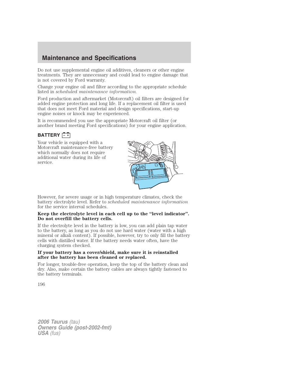 Battery, Maintenance and specifications | FORD 2006 Taurus User Manual | Page 196 / 232