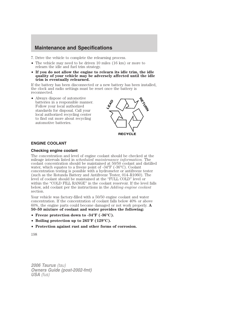 Engine coolant, Checking engine coolant, Maintenance and specifications | FORD 2006 Taurus User Manual | Page 198 / 232