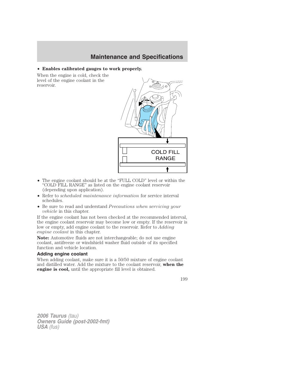 Adding engine coolant, Maintenance and specifications | FORD 2006 Taurus User Manual | Page 199 / 232