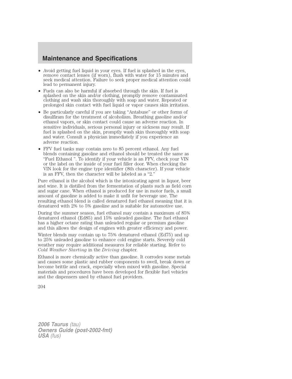 Maintenance and specifications | FORD 2006 Taurus User Manual | Page 204 / 232