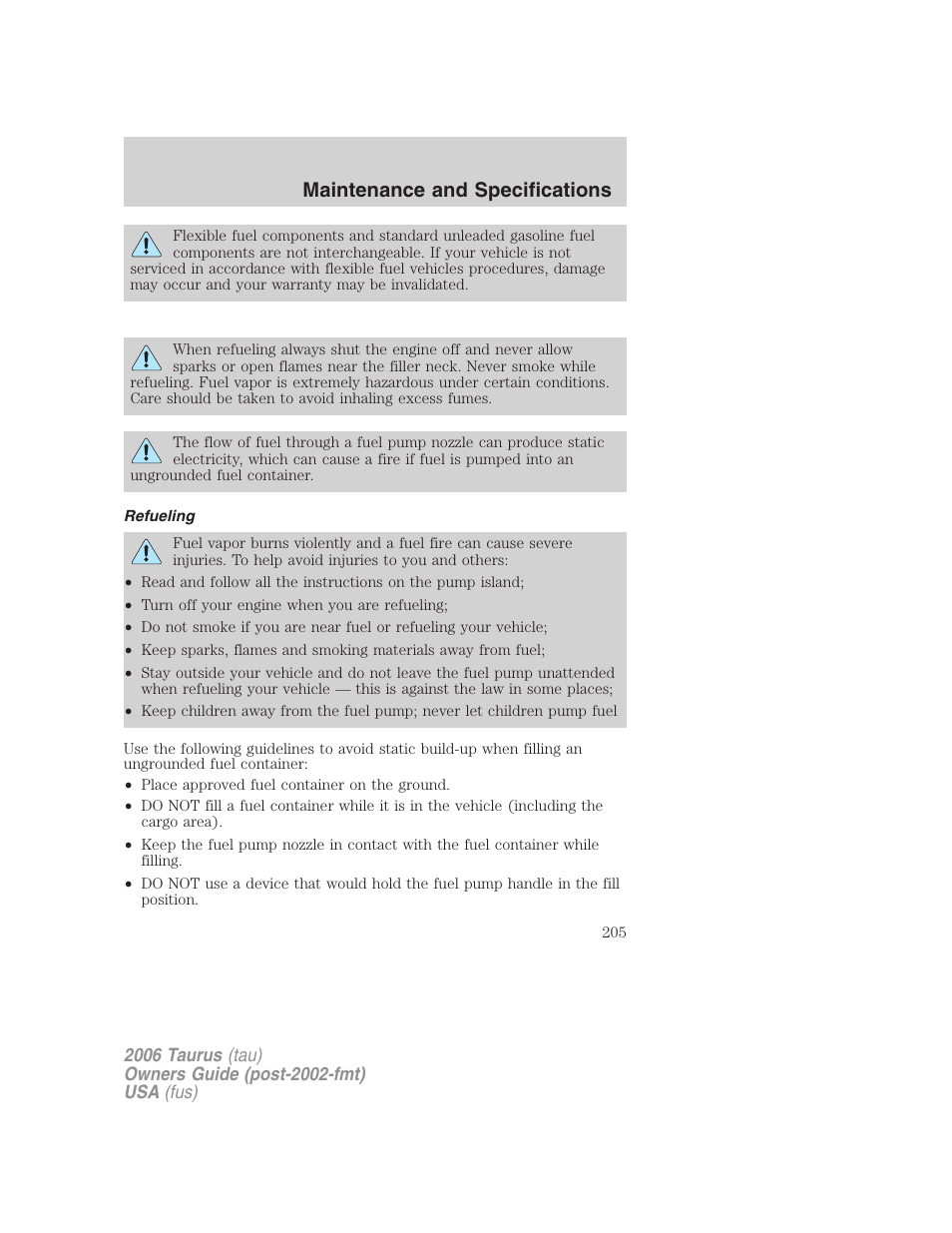 Refueling, Maintenance and specifications | FORD 2006 Taurus User Manual | Page 205 / 232