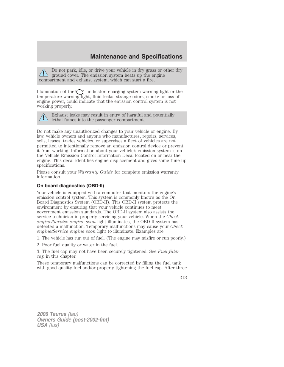 On board diagnostics (obd-ii), Maintenance and specifications | FORD 2006 Taurus User Manual | Page 213 / 232