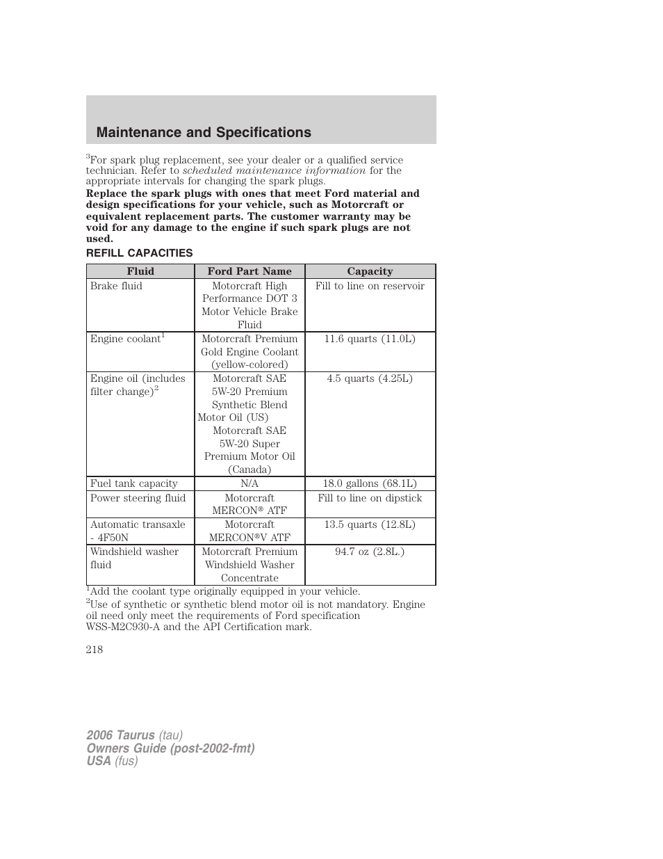 Refill capacities, Maintenance and specifications | FORD 2006 Taurus User Manual | Page 218 / 232