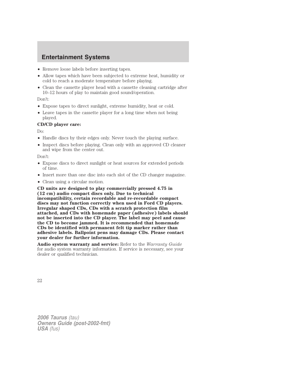 Entertainment systems | FORD 2006 Taurus User Manual | Page 22 / 232