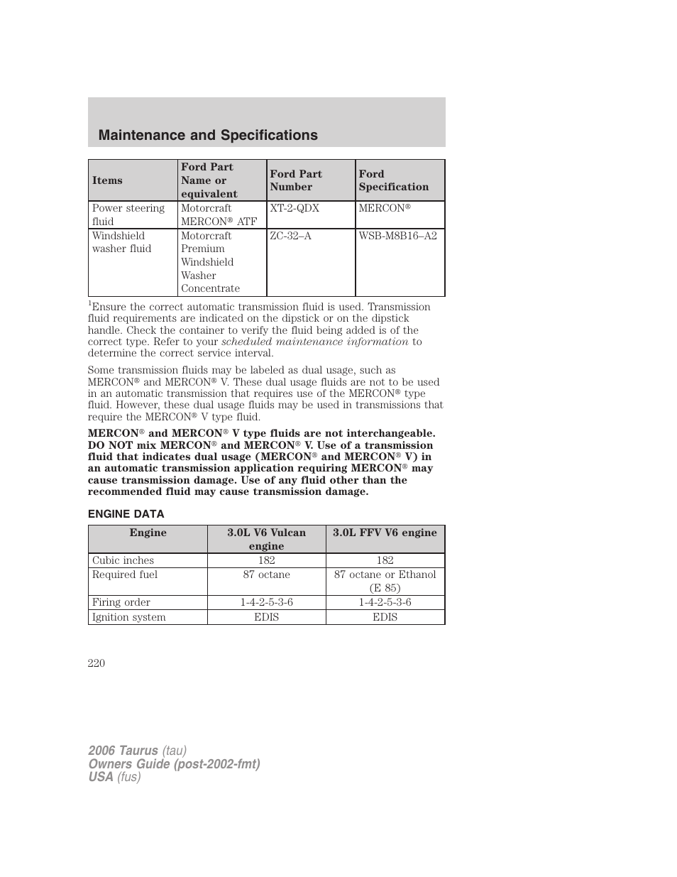 Engine data, Maintenance and specifications | FORD 2006 Taurus User Manual | Page 220 / 232