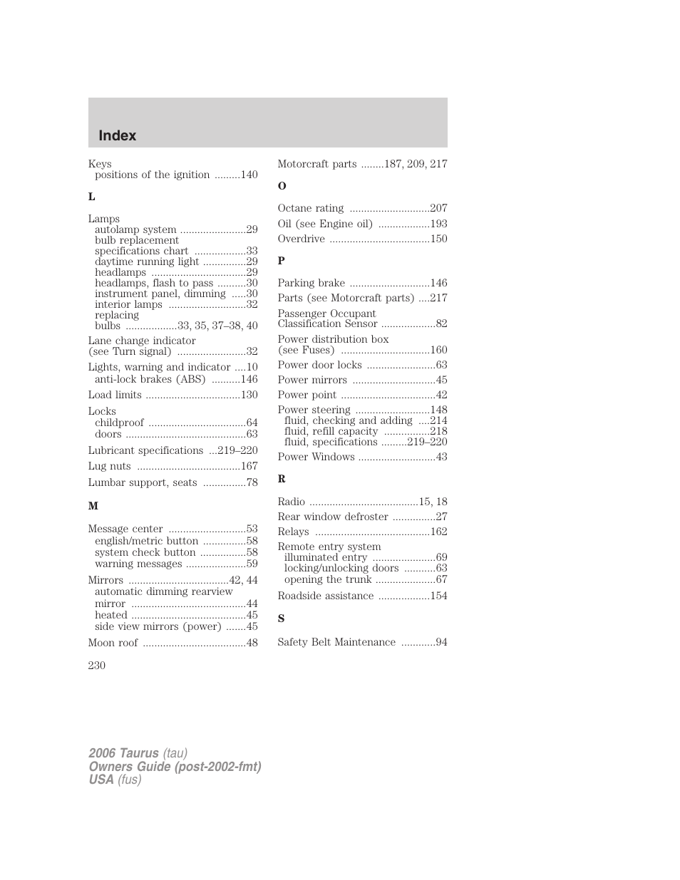 Index | FORD 2006 Taurus User Manual | Page 230 / 232