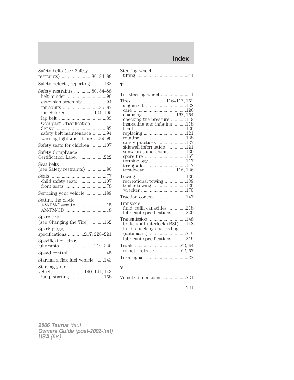 Index | FORD 2006 Taurus User Manual | Page 231 / 232