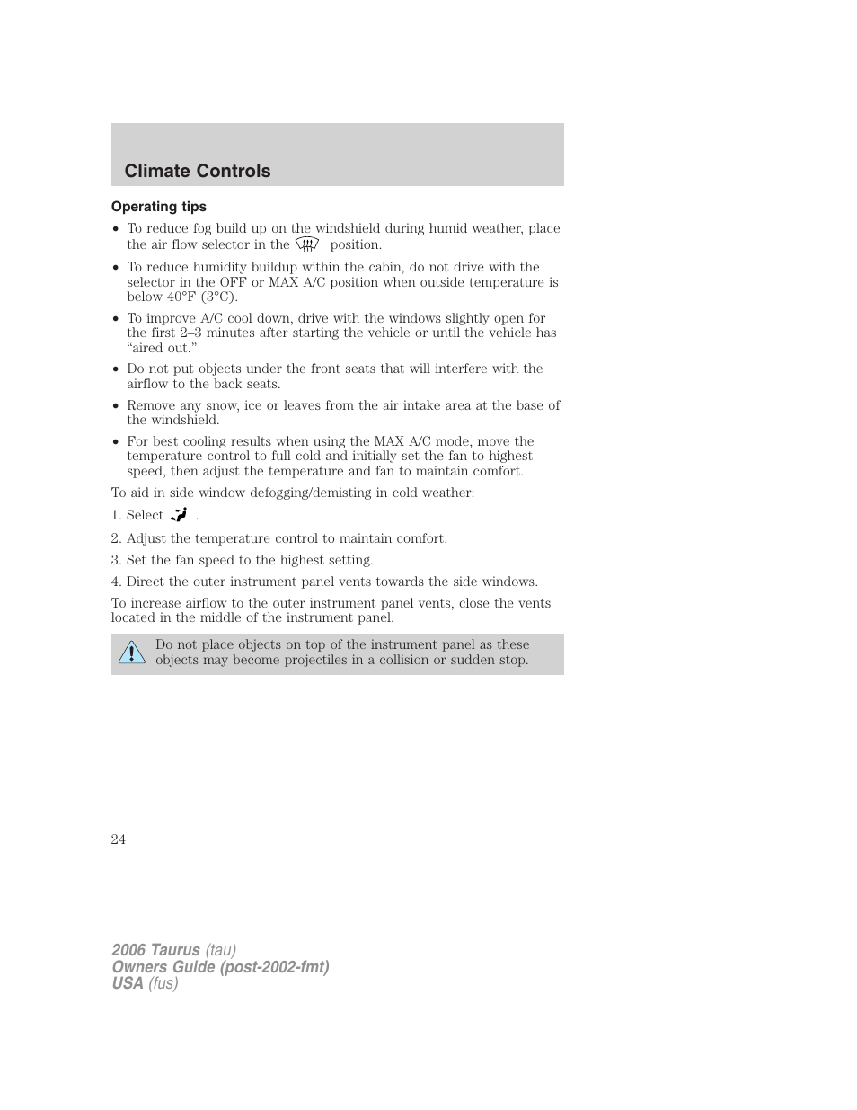 Operating tips, Climate controls | FORD 2006 Taurus User Manual | Page 24 / 232