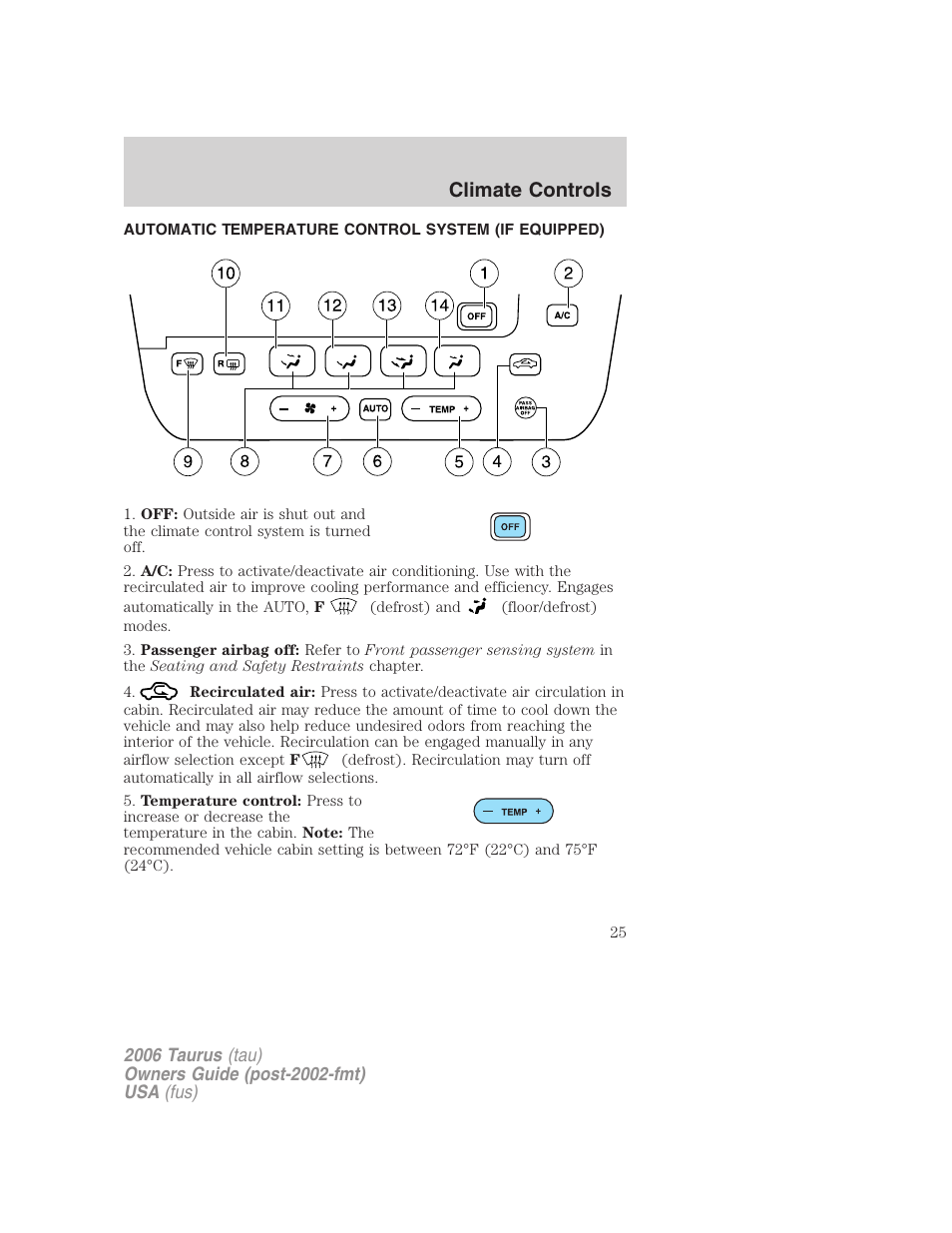 Automatic temperature control system (if equipped), Automatic temperature control, Climate controls | FORD 2006 Taurus User Manual | Page 25 / 232