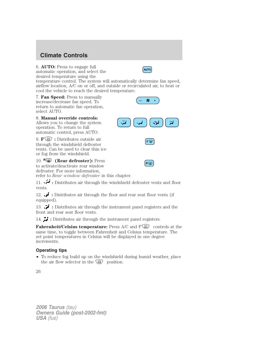 Operating tips, Climate controls | FORD 2006 Taurus User Manual | Page 26 / 232